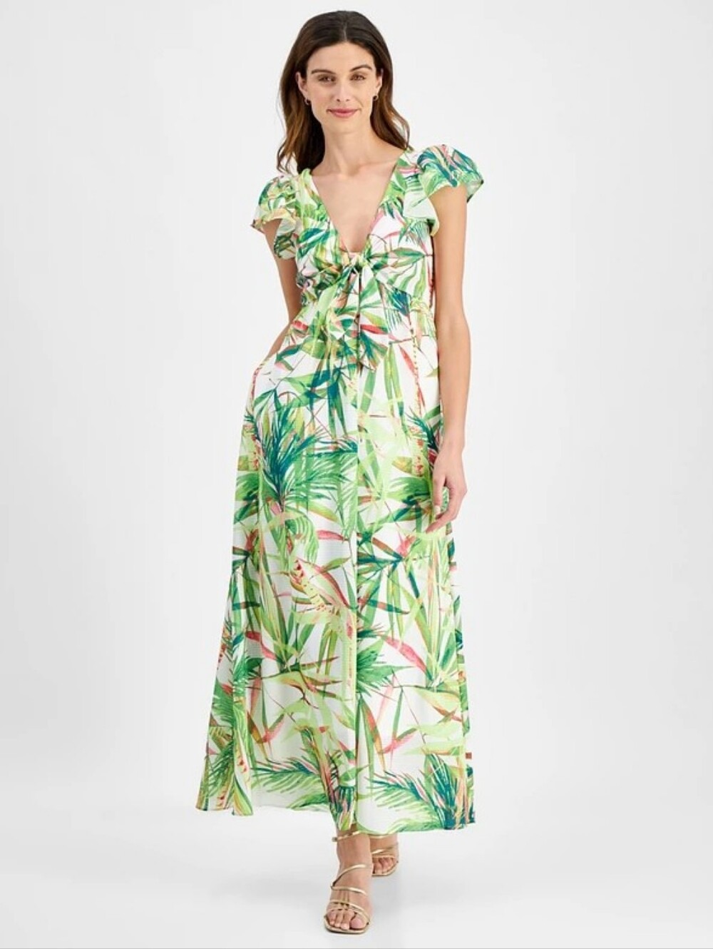 Taylor Women’s Size 10 Flutter Sleeve Maxi Dress Palm Tropical Beach Resortwear